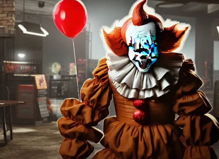 Image similar to giant pennywise shopping at gamestop, pennywise buying his game collection, amazing details, atmospheric, surrealism, 8 k, octane render, cold hue's, warm tone gradient background