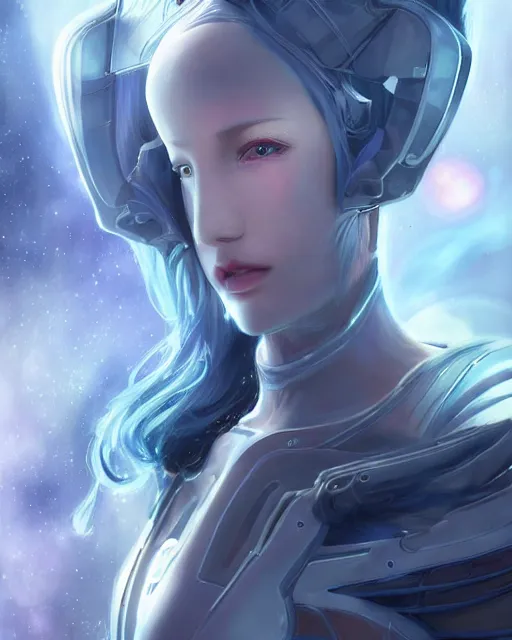 Image similar to beautiful android girl on a mothership, warframe armor, pretty face, scifi, futuristic, galaxy, raytracing, dreamy, perfect, digital painting, long white hair, blue cyborg eyes, sharp focus, intricate, highly detailed, artstation, intricate, innocent, art by gauthier leblanc, kazuya takahashi, huifeng huang