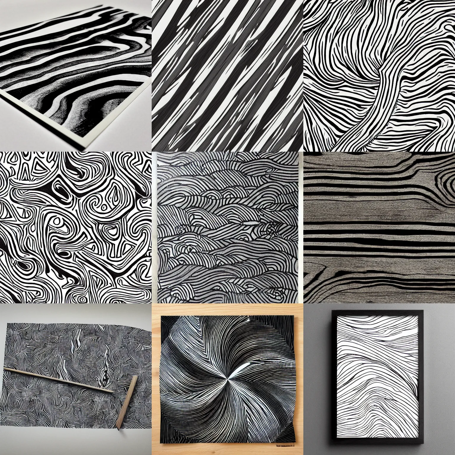 Prompt: suminagashi print black, grey, and white ink. design looks like wood grain