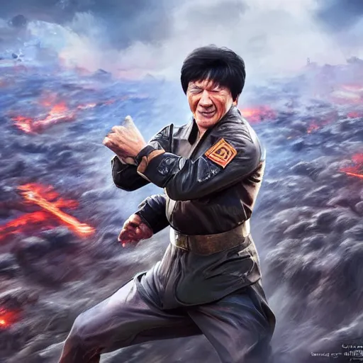 Image similar to Jackie Chan appears on the battlefield at the climax of the finno-korean hyperwar, by artgerm and wlop and scott fischer and seb mckinnon, digital art, highly detailed, wide shot, intricate, fantasy, mystical, sharp focus, Trending on Artstation HQ, deviantart, unreal engine 5, 4K UHD image