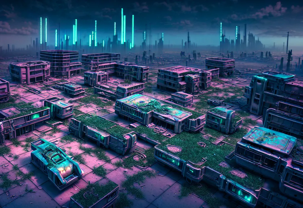 Prompt: A highly detailed crisp unreal engine render of aerial drone photo of A beautiful futuristic cyberpunk abandoned dystopia city building with neon fine lights, plants allover , godray, sunlight breaking through clouds, clouds, debris on the ground, abandoned machines bright colors, isometric, nitid horizon, factory by wangchen-cg, 王琛,Neil blevins, artstation, Gediminas Pranckevicius