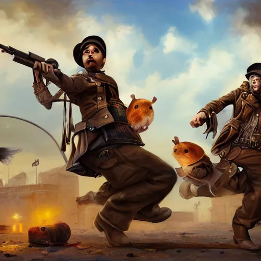 Image similar to oil painting of two hamsters holding guns, berets, medium shot, steampunk clothes, steampunk city background, sharp focus, fantasy style, octane render, volumetric lighting, 8k high definition, by greg rutkowski, highly detailed, trending on art Station, explosions, magic the gathering artwork, centered