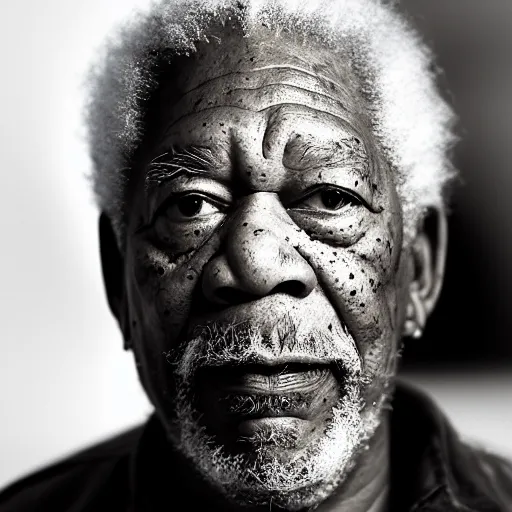 Prompt: a studio photograph of Morgan Freeman dressed as A rapper, 40mm lens, shallow depth of field, split lighting