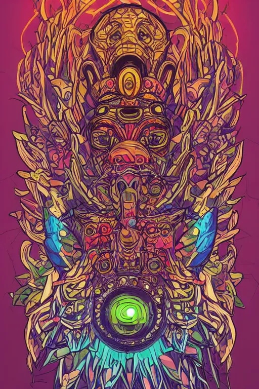 Image similar to animal mask totem roots flower tribal feather gemstone plant wood rock shaman vodoo video game vector cutout illustration vivid multicolor borderlands comics by josan gonzales and dan mumford radiating a glowing aura