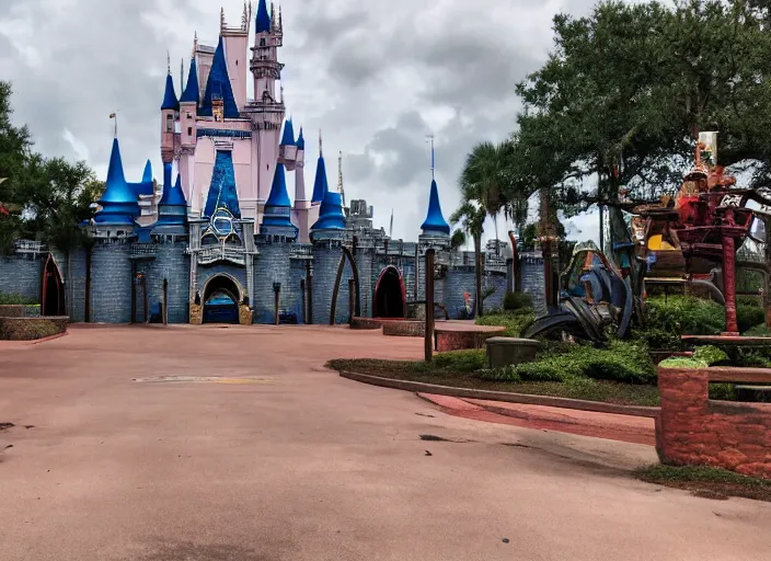 Prompt: cinematic shot of the outside of the Disney world park, shut down, abandoned, Florida, out of business, castle is falling apart, got shut down, kids place, liminal spaces, backrooms, empty, overgrown, Disney world, Disney land, theme park, roller coasters, Disney