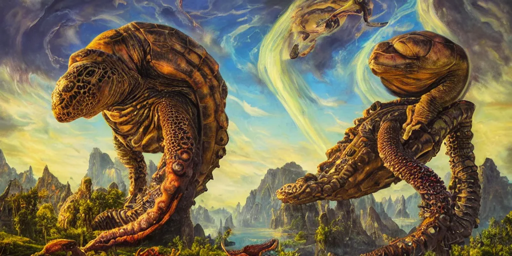 Image similar to fantasy oil painting, great leviathan, cybernetic turtle cephalopod terrapin reptilian pachyderm squid, bella hadid, hybrid, milla jovovich, anubis, epic natural light, lush plants flowers, spectacular mountains, bright clouds, luminous sky, outer worlds, golden hour, michael cheval, edward hopper, michael whelan, vray, hd