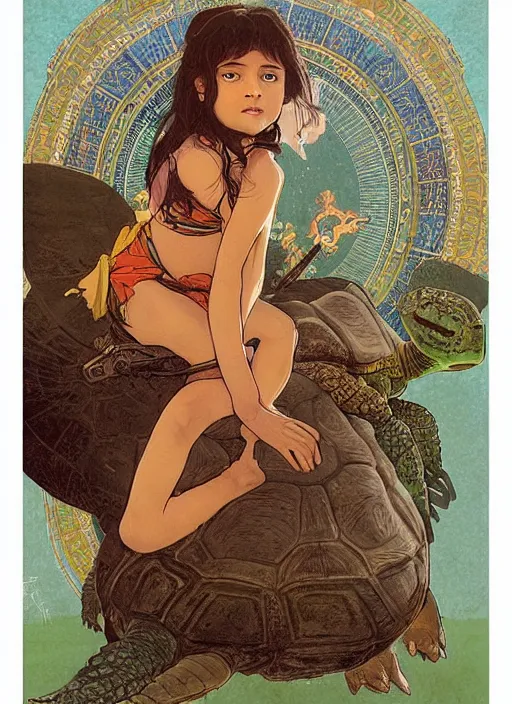 Prompt: portrait of a little warrior girl sitting on top of a giant turtle in the desert. the girl has dark skin and beautiful green eyes, realistic body legs and a very beautiful detailed symmetrical face with long black hair. the turtle has a big wise face and closed eyes. diffuse light, dramatic landscape, fantasy illustration by mucha