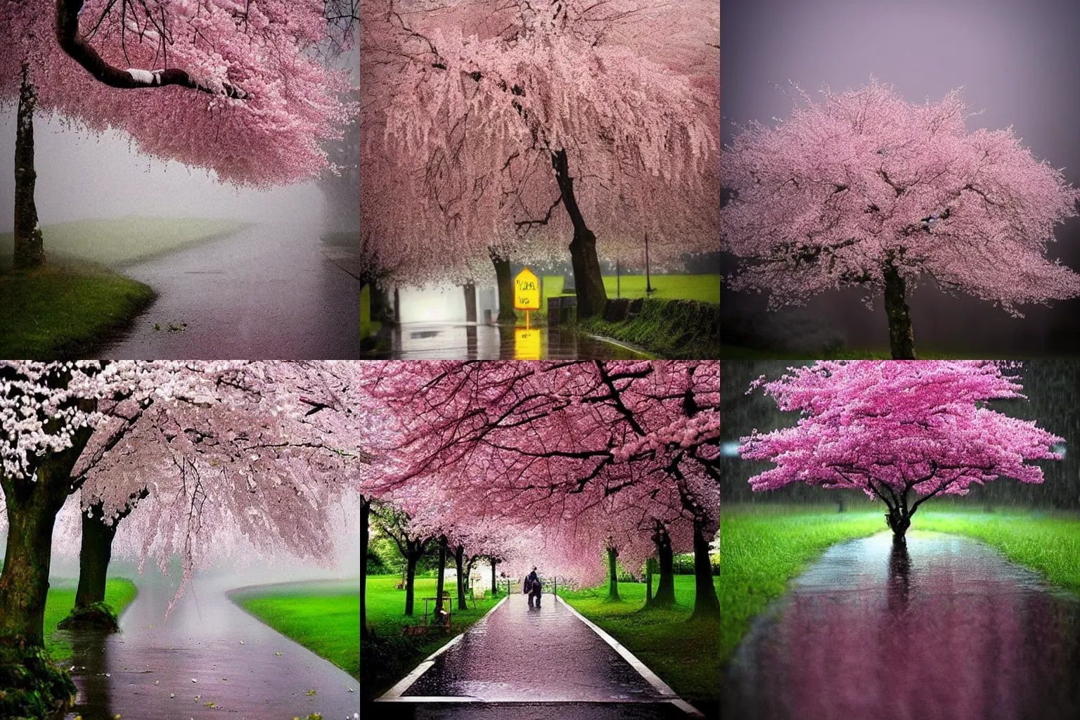 Prompt: a blooming cherry tree in the rain atmospheric beautiful award winning photo trending on Pinterest