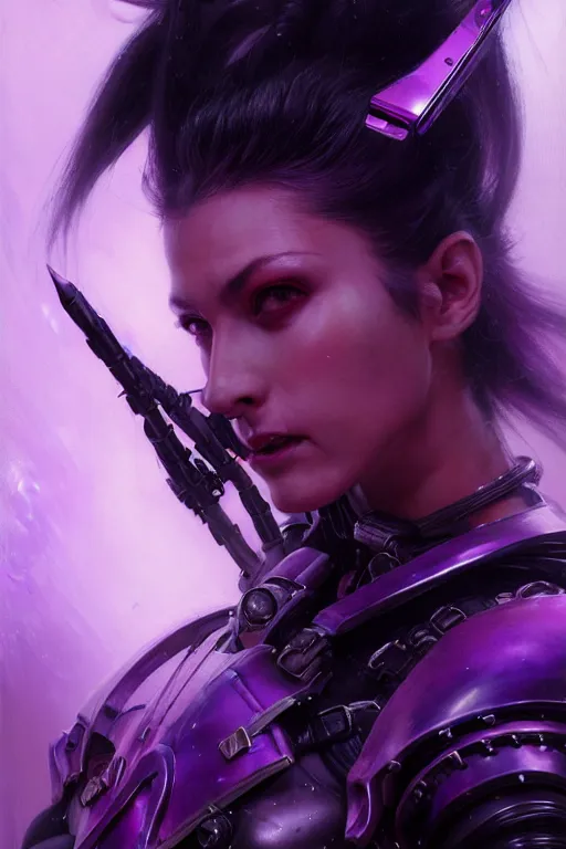 Prompt: extreme close up, facial portrait, woman with a long black ponytail in purple sci - fi armor, kitsune inspired armor, bionic leather armor, small neon lights on armor, cybernetic hands, stoic, grim dark, moody, portrait dnd, painting by gaston bussiere, craig mullins, greg rutkowski, yoji shinkawa