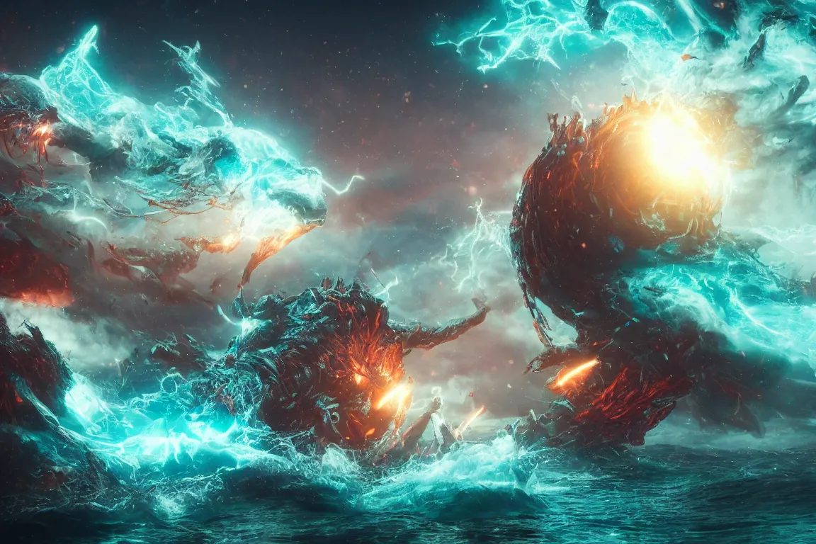 Image similar to colossal shaman gods destroying very living thing in the ocean, cast across the night sky, 8 k, ultra realistic, lens flare, atmosphere, glow, detailed, intricate, full of colour, cinematic lighting, trending on artstation, 4 k, hyperrealistic, focused, extreme details, unreal engine 5, cinematic, masterpiece