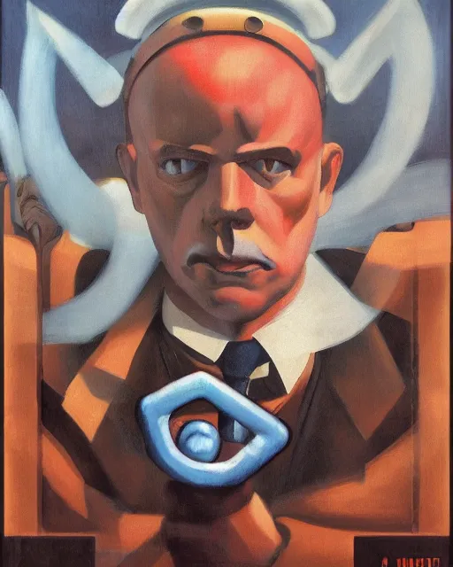 Image similar to a magic the gathering card called generate art the card art is a portrait of a machine painting itself, matte oil on canvas in the style of René Magritte, trending on artstation, extremely detailed, soft lightning, 4k, 8k, HD