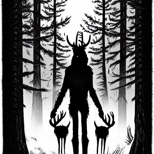 Prompt: Emma Rios and Steve Niles comic, Wendigo monster with deer skull face, antlers, furry brown body, tall and lanky skinny, walking through the forest, very dark night time, deep black, ominous lighting, spooky, scary, foggy, fog