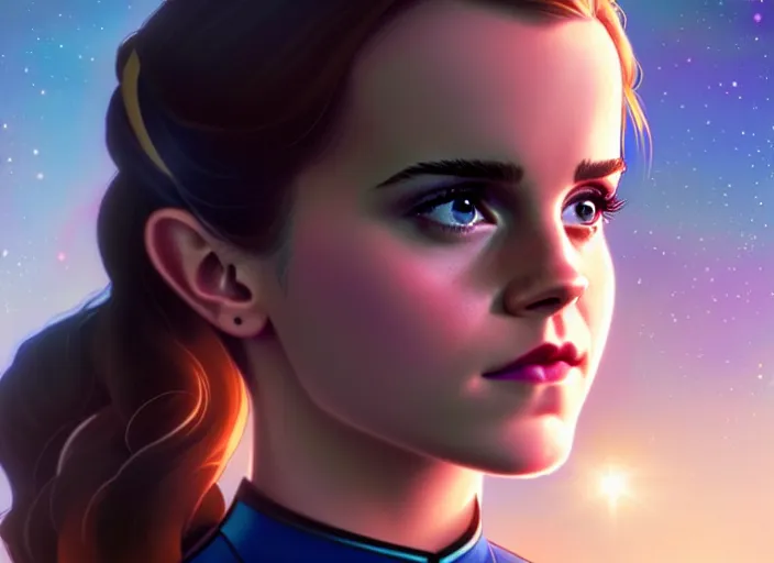 Image similar to a disney film still of emma watson as a star trek officer, finely detailed features, closeup of the face, perfect art, dusk, blue hour, gapmoe yandere grimdark, trending on pixiv fanbox, painted by greg rutkowski, makoto shinkai, takashi takeuchi, alphonse mucha, akihiko yoshida