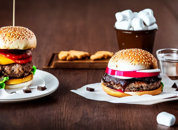 Image similar to dslr food photograph of burger with marshmallows in it, chocolate sauce, 8 5 mm f 1. 8
