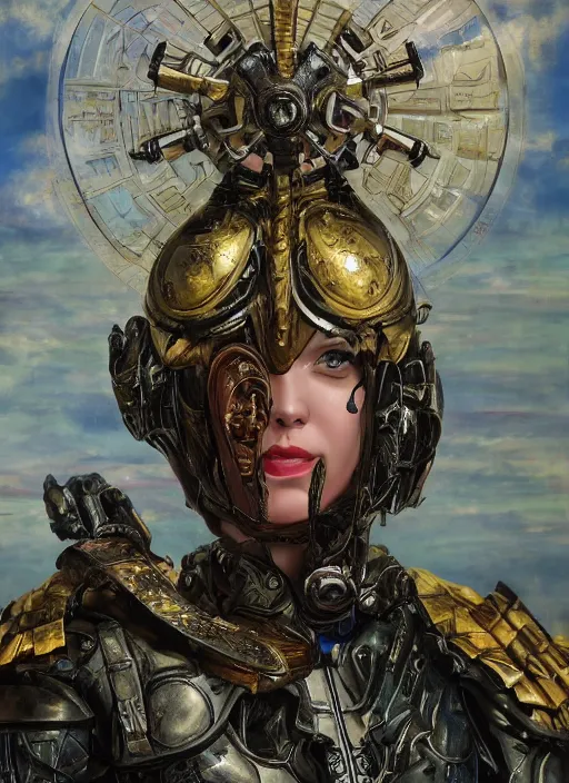 Image similar to biblical diabolical beautiful female valkyree! samurai cyborg, slick metal plastic armor, jump, heavy eyes to the side, closeup, bright glowing eyes, in clouds, rain, sunset, portrait, by gerald brom, by mikhail vrubel, by peter elson, muted colors, extreme detail, reflections, trending on artstation, 8 k