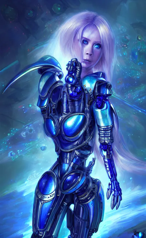 Prompt: character design, concept art, cyborg, armor with long blue light sapphires blue lines, avril lavigne, battle angel alita. by rembrandt 1 6 6 7, illustration, by konstantin razumov, sci - fi, frostine engine, vibrant colors, fractal flame, crystalized, by wlop
