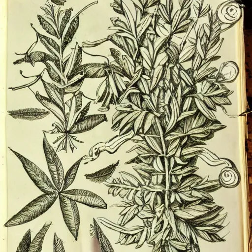 Image similar to an ancient drawing from a herbalist journal showing strange herbs, pencil, notes, old paper, heavy details.