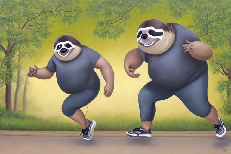 Image similar to anthro fat sloth going for a run in the park, wearing running sneakers and a muscle tee - shirt, dynamic active running pose, an ultrafine detailed painting by mark ryden, trending on deviantart, pop surrealism, whimsical, lowbrow, grotesque