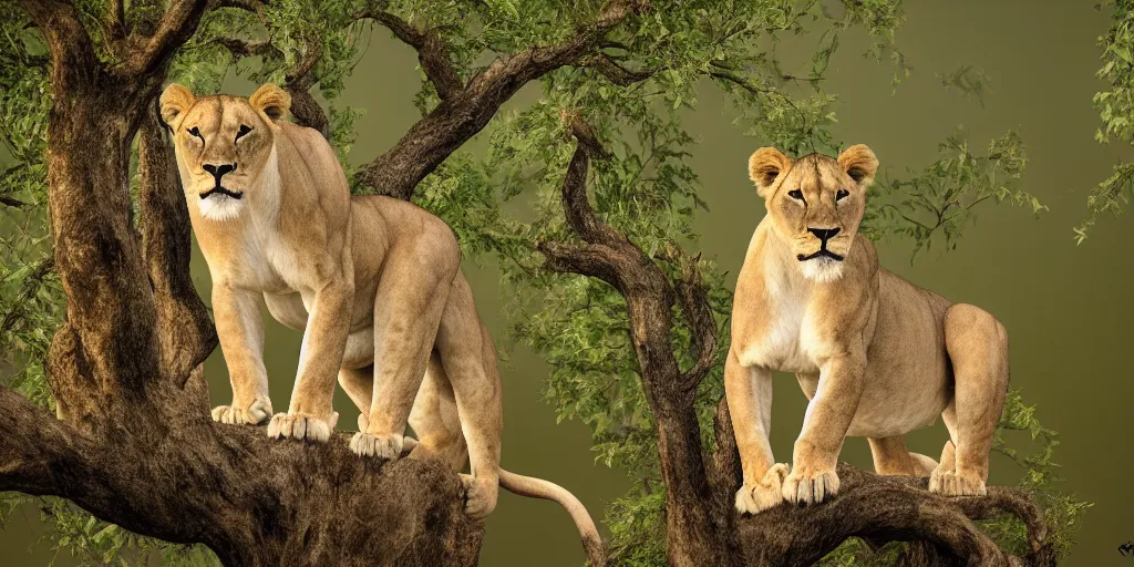 Image similar to scenic nature photography, award winning picture of a cuddly lioness in a tree. the tree is in the middle of the savannah nearby a water hole. extreme detail, hyperrealistic photo, smooth, trending on artstation