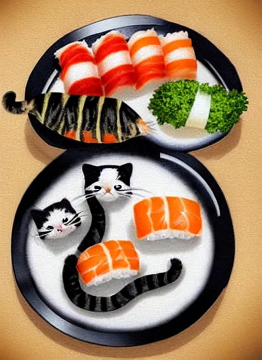 Image similar to clear photorealistic picture of adorable cats made out of sushi