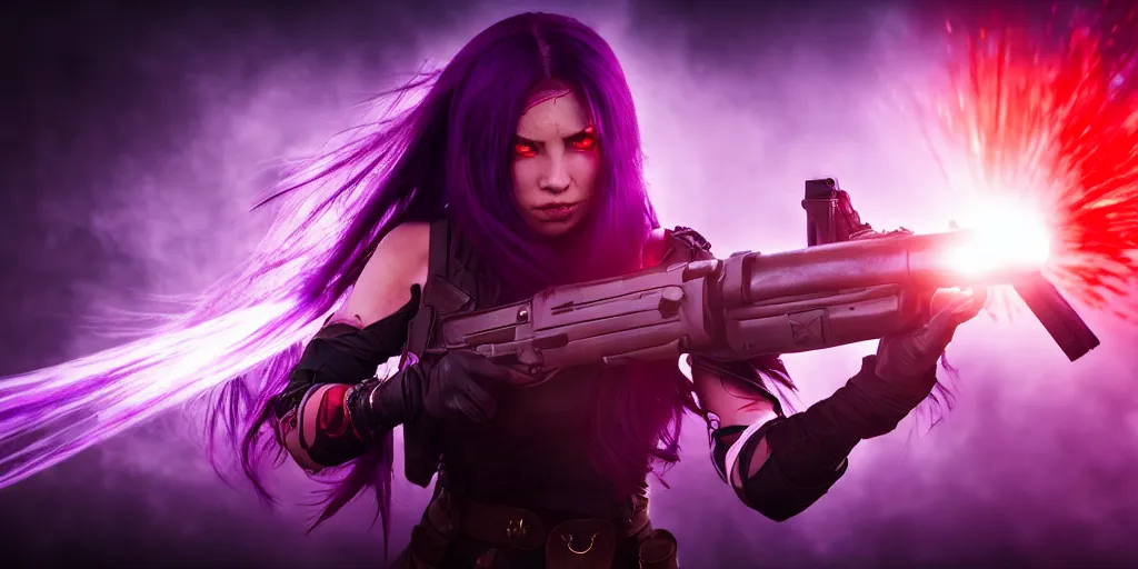 Prompt: beautiful female assassin behind soldier, purple flowing hair, spraying blood, cinematic, stunning, athletic, highly detailed, hard focus, dramatic cinematic lighting