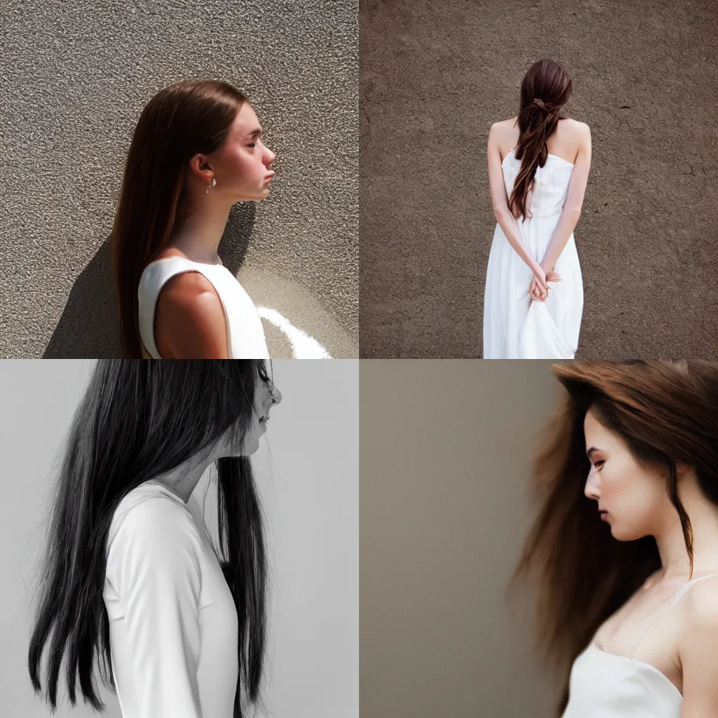 Prompt: girl with long hair, profile, white dress, by jordan sokol