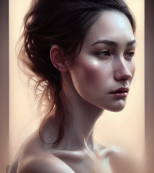 Image similar to portrait of a woman in heightened detail, poised, intense emotion, detailed facial expression, detailed surroundings, intricate, elegant, highly detailed, centered, digital painting, cgsociety, concept art, smooth, sharp focus, illustration, by ( ross tran ), wlop