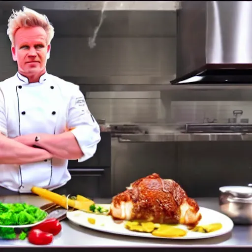 Image similar to hyper real Gordon Ramsey cooking a unicorn in kitchen 4k