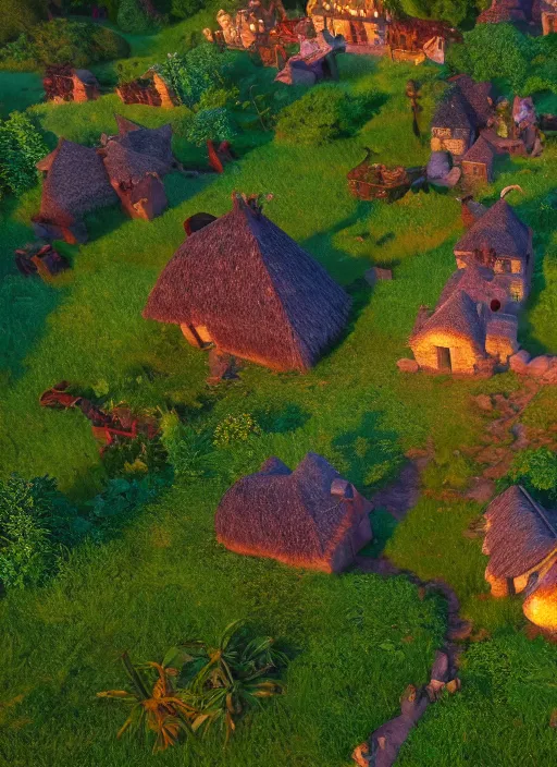 Image similar to subsurface scattering, medieval village in the middle of lush forest, from the live action film moana 4 k quality super realistic, cinematic lighting, 8 k