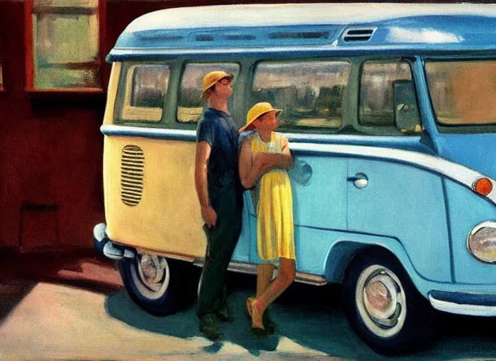 Image similar to painting, two young men and women near blue vw bus, by edward hopper, bernardo bertolucci dreamers movie scene