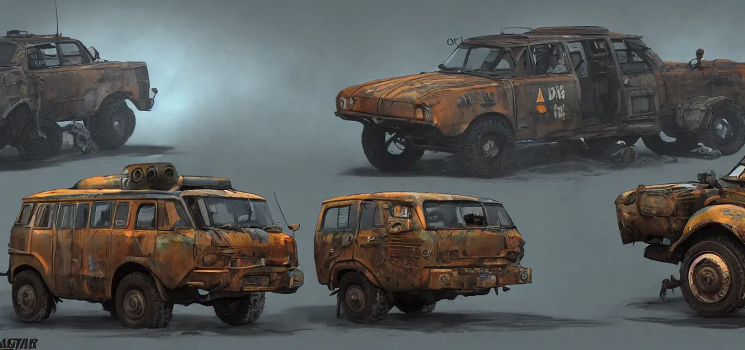 Prompt: Fallout Vehicles Concept Art, vibrant colors, 8k photorealistic, black background, HD, high details, trending on artstation