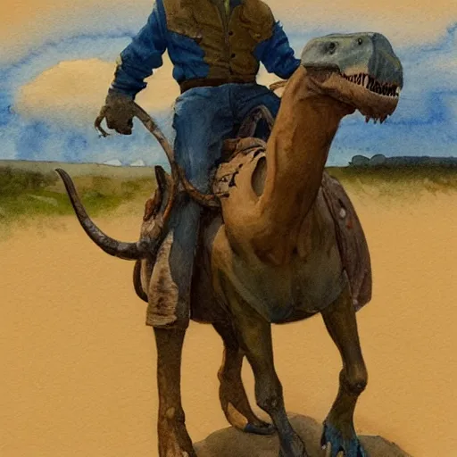 Prompt: a watercolor painting of a cowboy riding a dinosaur in the style of n. c. wyeth and in the style of james gurney.