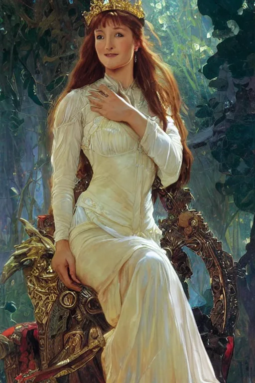 Image similar to young Jane Seymour sitting on a throne, fantasy, by Stanley Artgerm Lau, greg rutkowski, thomas kindkade, alphonse mucha, loish, norman Rockwell