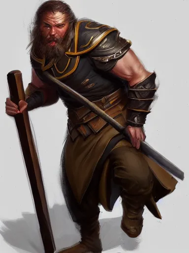 Prompt: a man wielding a quarterstaff in a posture ready to fight. intricate, elegant, highly detailed, digital painting, artstation, concept art, sharp focus, illustration, by justin gerard and artgerm, 8 k