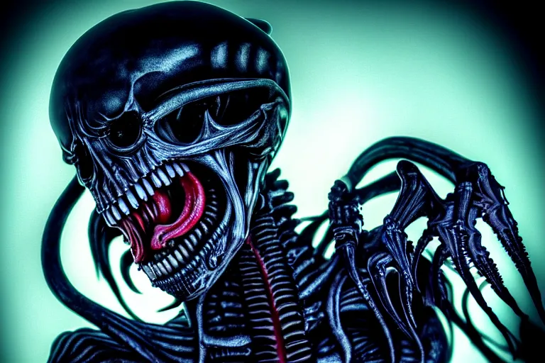 Prompt: skull - tongue as xenomorph queen, psycho stupid fuck it insane, looks like death but cant seem to confirm, cinematic lighting, bioluminescence fluorescent phosphorescent, various refining methods, micro macro autofocus, ultra definition, award winning photo, to hell with you, glowing bones, devianart craze, a gammell - giger film