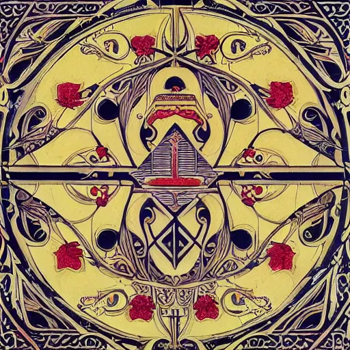 Prompt: symmetrical mural painting from the early 1 9 0 0 s in the style of art nouveau, red curtains, art nouveau design elements, art nouveau ornament, scrolls, flowers, flower petals, rose, opera house architectural elements, mucha, masonic symbols, masonic lodge, joseph maria olbrich, simple, iconic, masonic art, masterpiece, artgerm