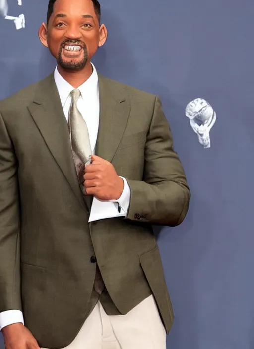 Image similar to Will Smith in a suit with an enormous hand