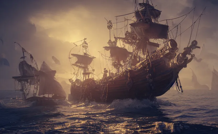 Prompt: magical and mystical pirate galleon near to a pier, octane render, rembrandt, cgsociety, artstation trending, horror scene, highly detailded