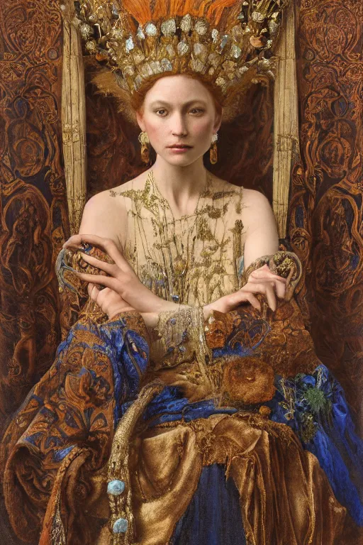 Prompt: coronation portrait of the last queen of the dawn mountains, by Donato Giancola and Annie Swynnerton and John Bauer and John William Godward and Vermeer, embroidered velvet, iridescent beetles, rich color, ornate headdress, flowing robes, lost runes, ancient civilizations, dramatic cinematic lighting, featured on Artstation, cgisociety, unreal engine, extremely detailed