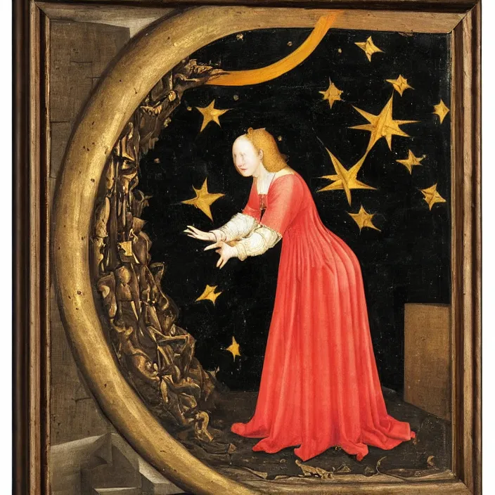 Prompt: a woman trapped in a star, early netherlandish painting