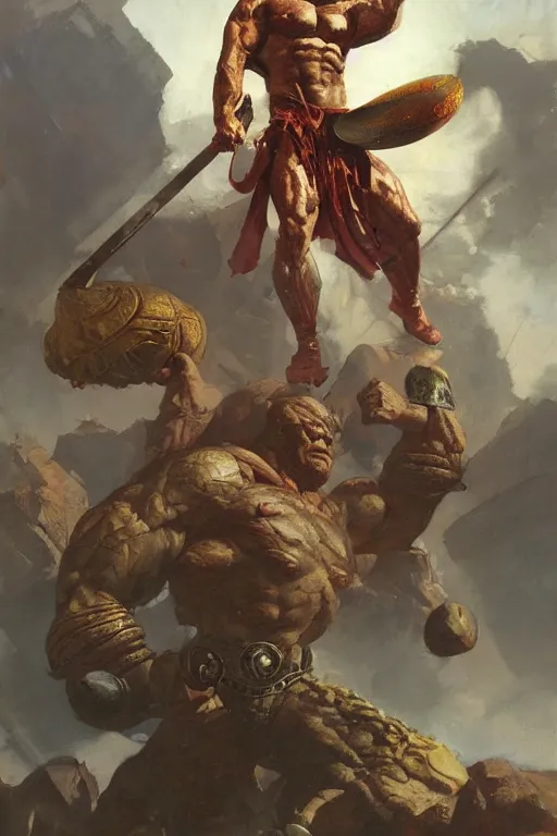 Image similar to giant bodybuilding warrior king on venus by ruan jia, jack kirby, norman rockwell, wayne barlow, sergey krasovskiy, zdzislaw beksinski, artstation creature