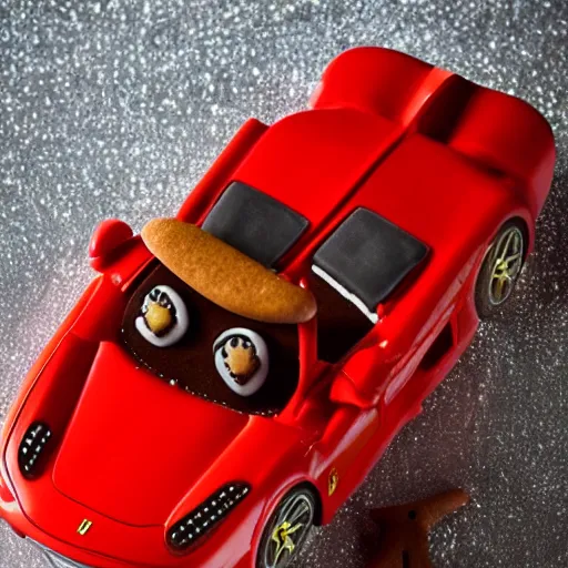 Prompt: a gingerbread ferrari, food photography, car photography