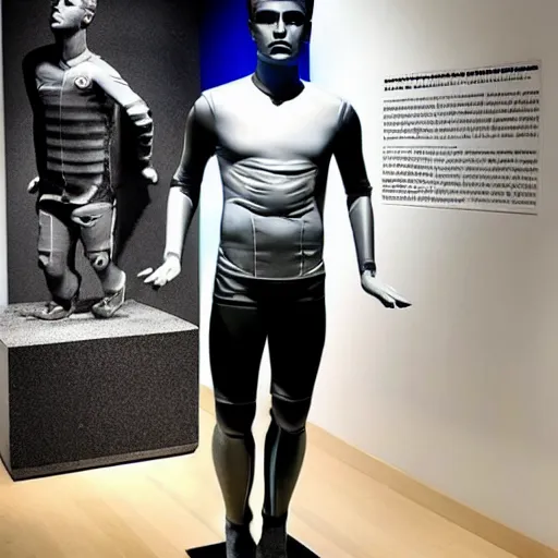 Image similar to “ a realistic detailed photo of a guy who is an attractive humanoid who is half robot and half humanoid, who is a male android, soccer player antoine griezmann, shiny skin, posing like a statue, blank stare, at the museum, on display ”