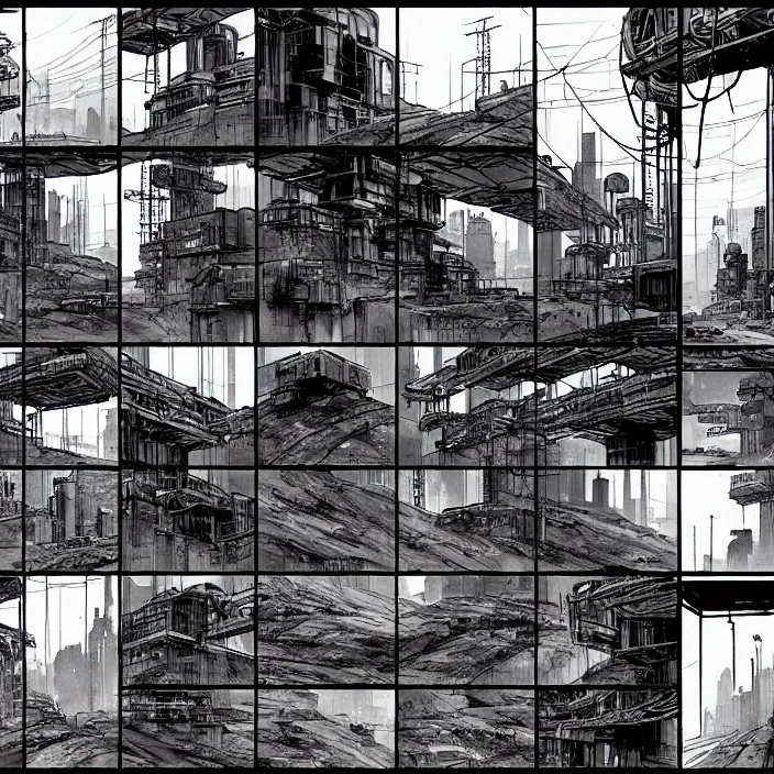 Prompt: a big modern box / booth stands next to a coal mine. storyboard, scifi cyberpunk. by gabriel hardman, joe alves, chris bonura. cinematic atmosphere, detailed and intricate, perfect anatomy