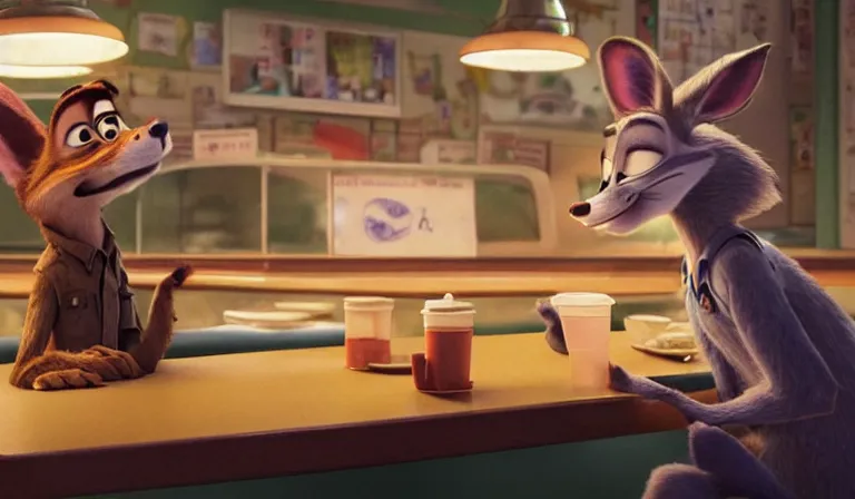 Image similar to A scene from Zootopia. Tired and lonely Nick is crying and eating dinner in a lonely diner. The diner is dimly lit and very dirty. The food is poor due to the recession. Dark, dirty and cold tones. Pixar Digital Movies