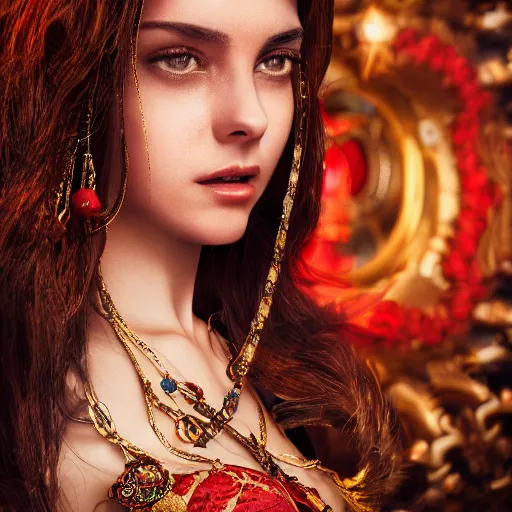 Prompt: photograph of wonderful spanish princess with smooth fair skin, alluring eyes, red jewelry, breathtaking, elegant, ornate, intricate, hyper detailed, accent lighting, dramatic light, 4 k octane render