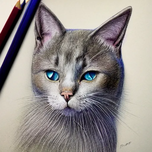 Image similar to Colored pencil art on paper, Phantom Cat, highly detailed, artstation, MasterPiece, Award-Winning, Caran d'Ache Luminance