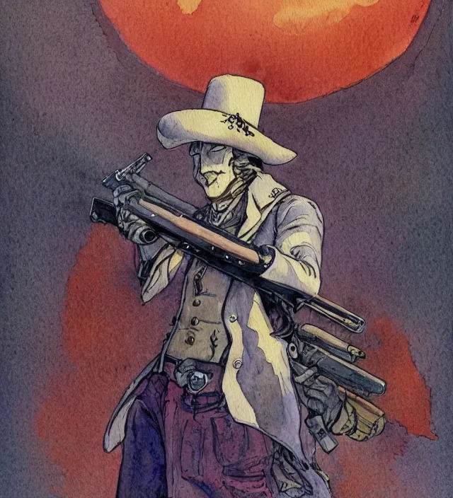 Image similar to a 3 / 4 view watercolor ink painting of an anthropomorphic bunny gunslinger posing with their revolver - rifle in the style of jean giraud in the style of moebius trending on artstation deviantart pinterest detailed realistic hd 8 k high resolution