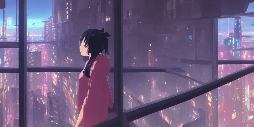 Image similar to beautiful anime painting of a woman looking out of the balcony to the cyberpunk city, by makoto shinkai, kimi no na wa, artstation, atmospheric.