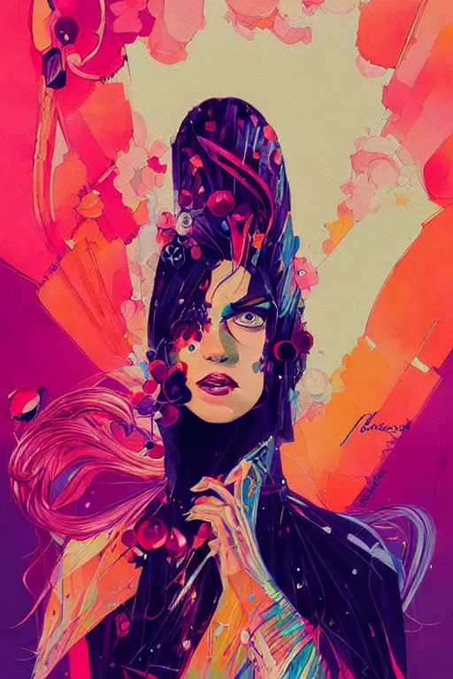 Prompt: an ultra detailed beautiful painting of a stylish woman with colorful haute couture dress, concert poster, futuristic, conrad roset, greg rutkowski